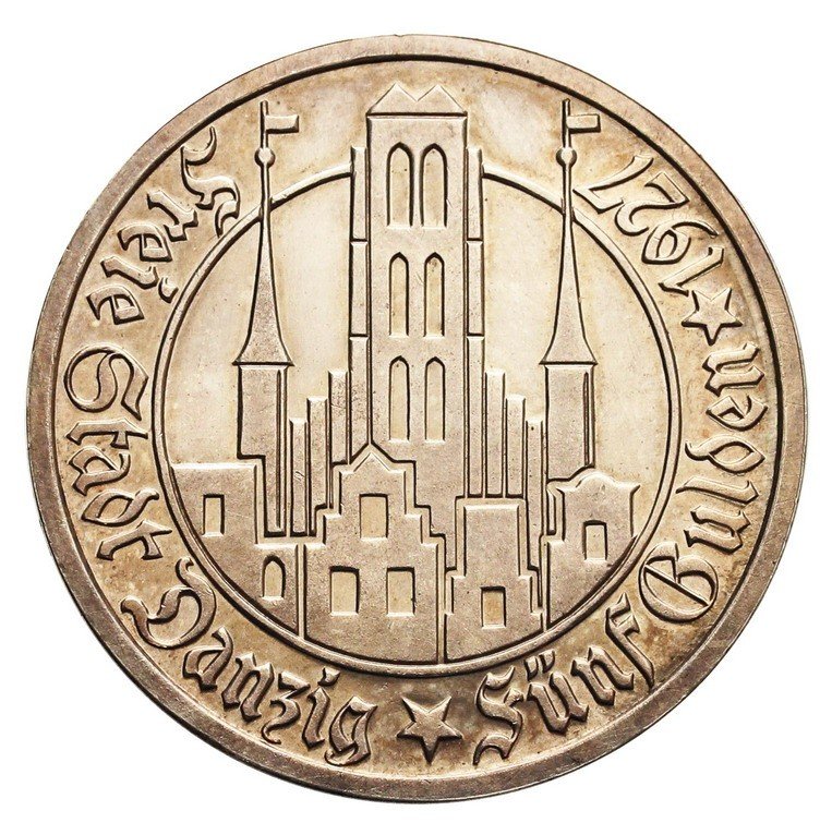 Wolne Miasto Gdańsk 5 guldenów 1927, kościół Marii Panny stempel lustrzany