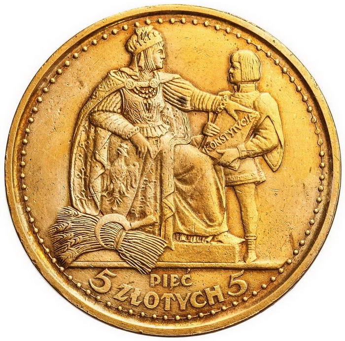 II RP. 5 złotych 1925, Konstytucja 81 perełek, PRÓBA, tombak z kolekcji W. Głuchowskiego