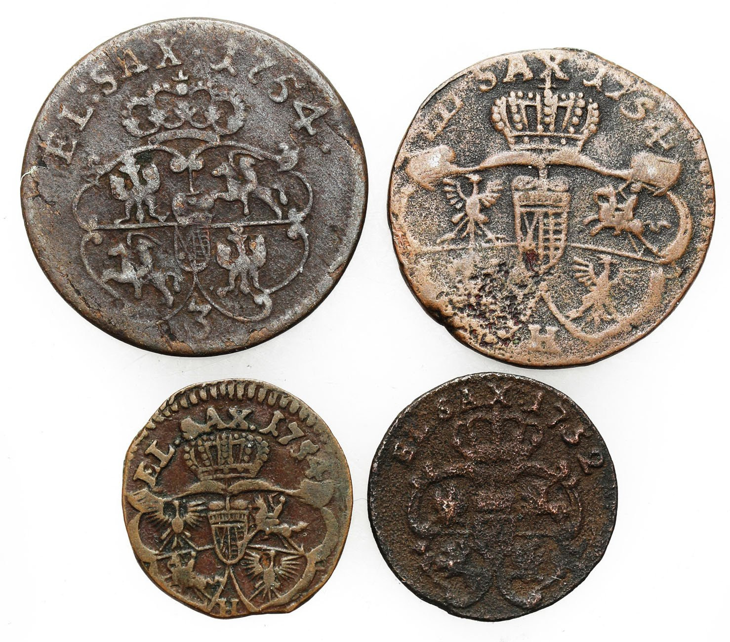 August III Sas. Szeląg, grosz 1752, 1754, zestaw 4 monet