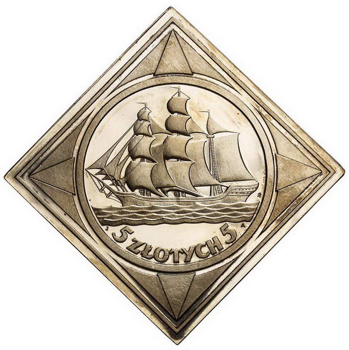 II RP. 5 złotych 1936, żaglowiec, klipa, PRÓBA, srebro, stempel lustrzany z kolekcji W. Głuchowskiego