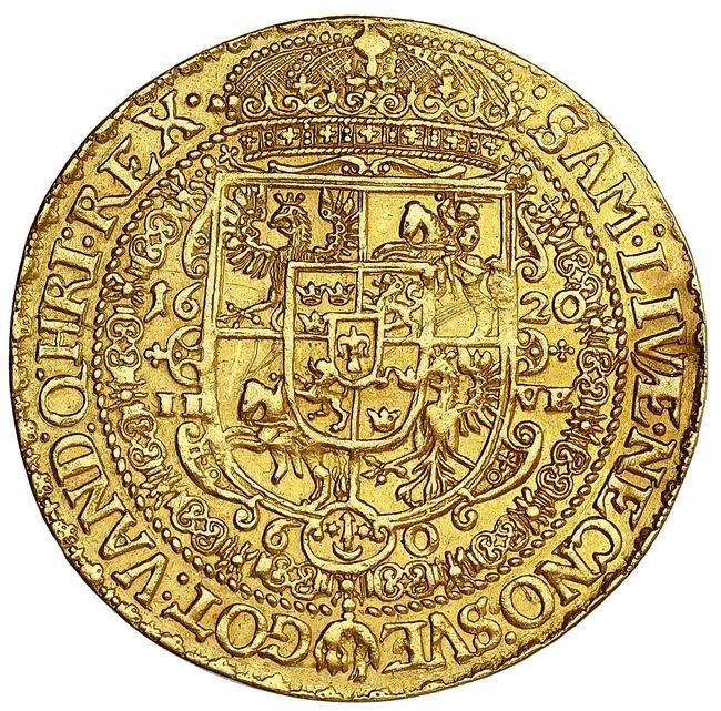 Zygmunt III Waza. Półportugał 1620, odbity stemplem talara, Bydgoszcz