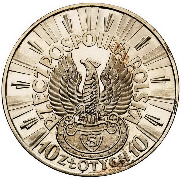 II RP. 10 złotych 1934, Piłsudski, orzeł strzelecki, PRÓBA, srebro stempel lustrzany z kolekcji W. Głuchowskiego