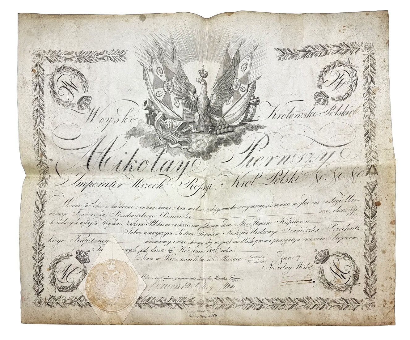 Królestwo Polskie. Mikołaj I. Patent oficerski 1826 