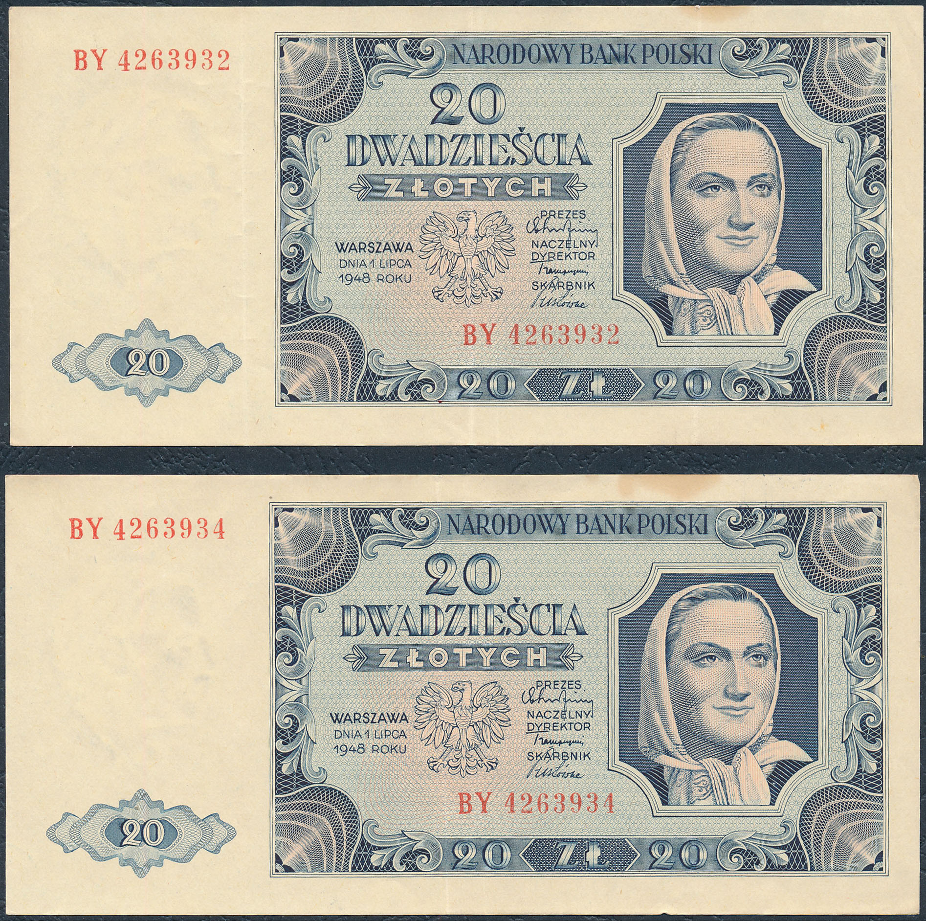 20 złotych 1948 seria BY - zestaw 2 sztuk
