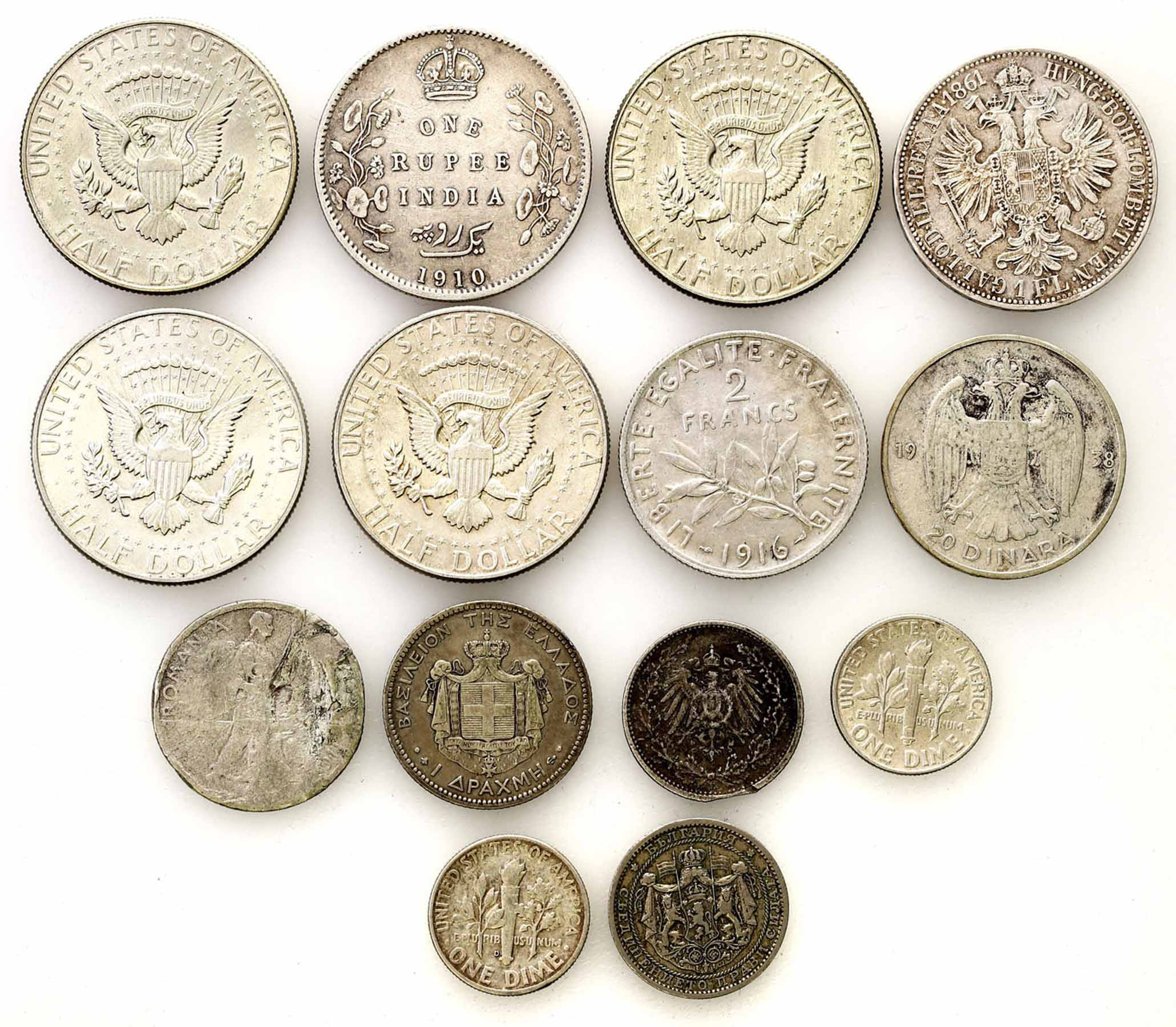 Świat - USA, Niemcy, Węgry, Jugosławia, Francja, zestaw 14 monet srebrnych