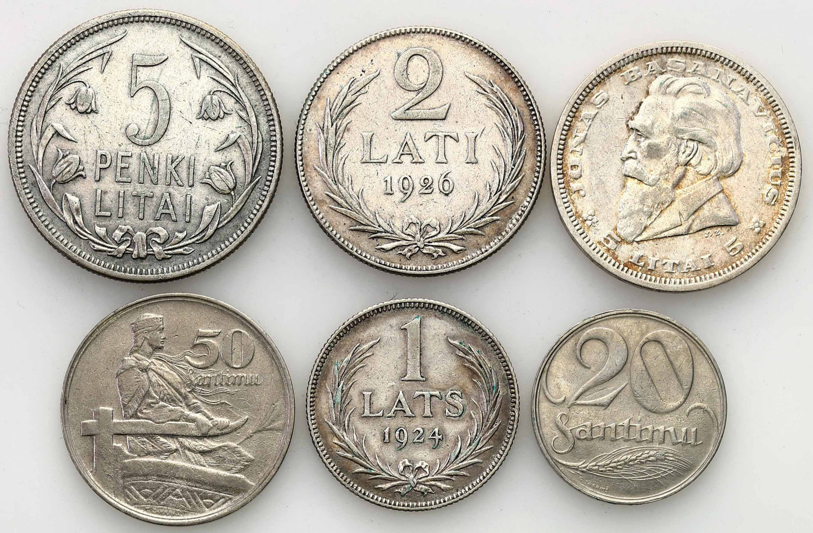 Litwa, Łotwa. 20, 50 santimu 1922, 1-5 lati 1925-1936, zestaw 6 monet