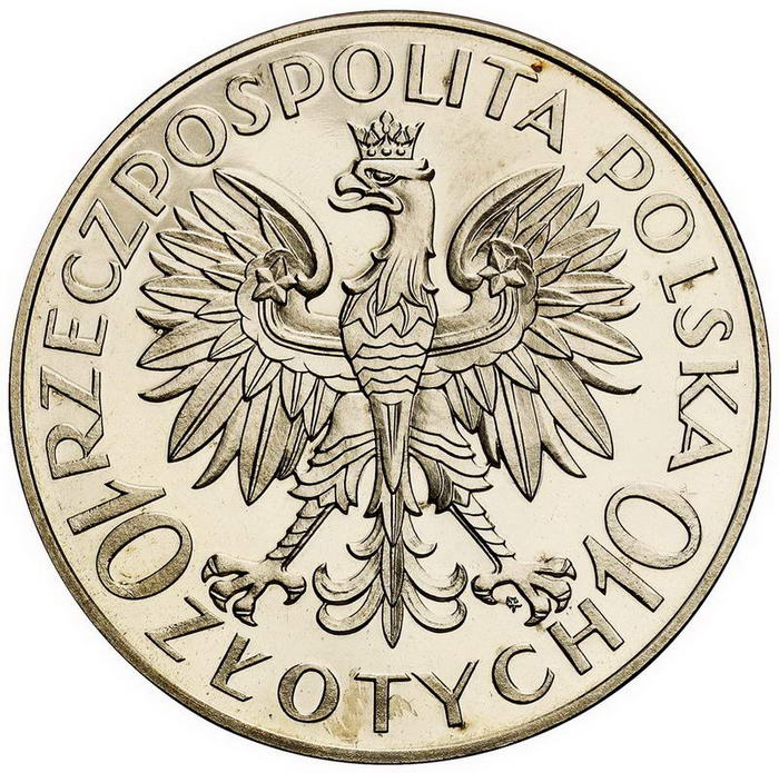 II RP. 10 złotych 1933, Romuald Traugutt, PRÓBA, srebro, stempel lustrzany, bez napisu próba z kolekcji W. Głuchowskiego
