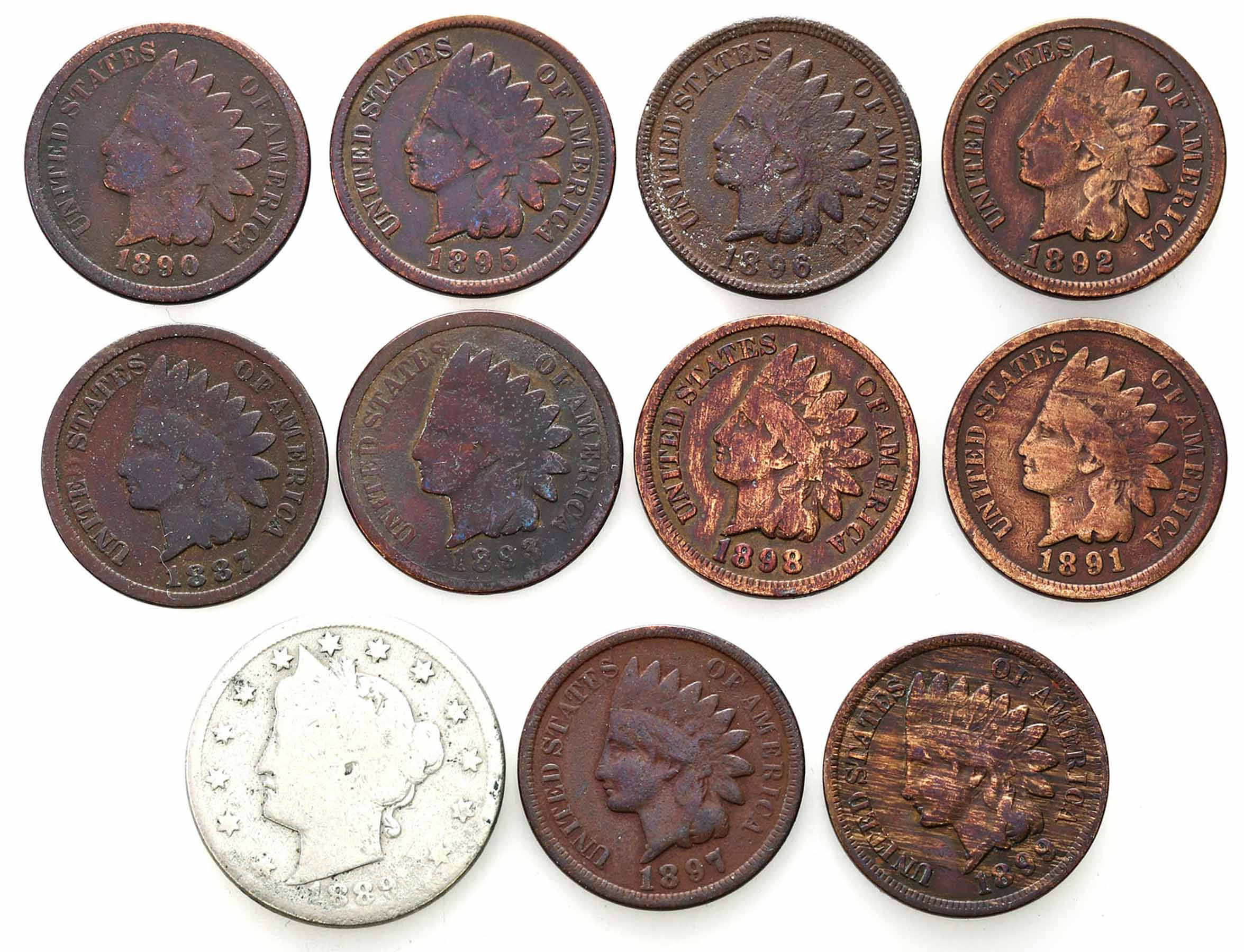  USA. 1 - 5 centów 1887 - 1899, zestaw 11 sztuk