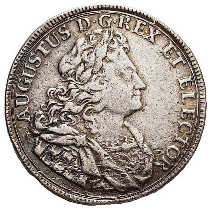 August II Mocny. 2/3 talara (gulden) 1708 z monogramem, Drezno