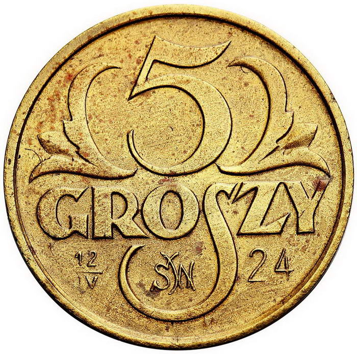 II RP. 5 groszy 1923, PRÓBA, mosiądz z kolekcji W. Głuchowskiego