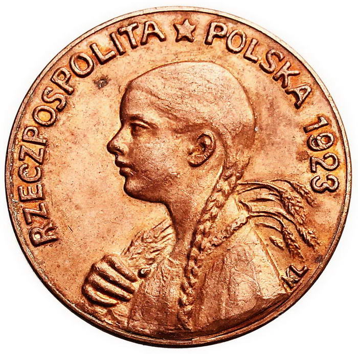 II RP. 50 marek 1923, kobieta z kłosami, PRÓBA, miedź