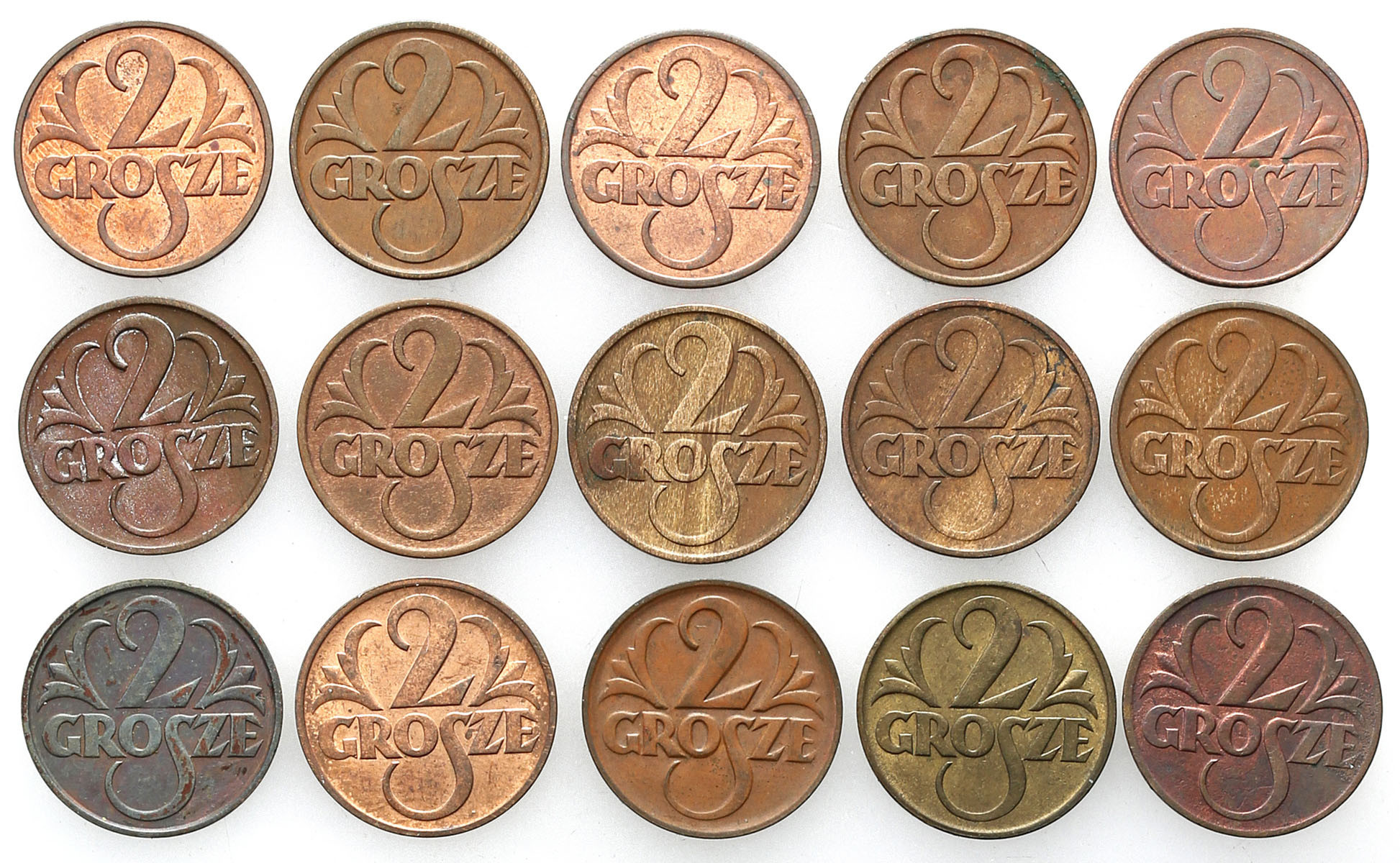 II RP. 2 grosze 1923-1939, zestaw 15 monet