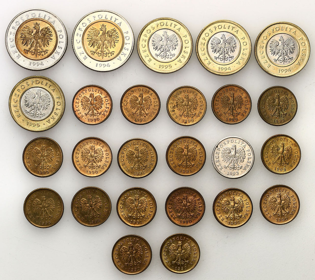 III RP. 1, 10 groszy i 2, 5 złotych 1991-1995, zestaw 25 monet