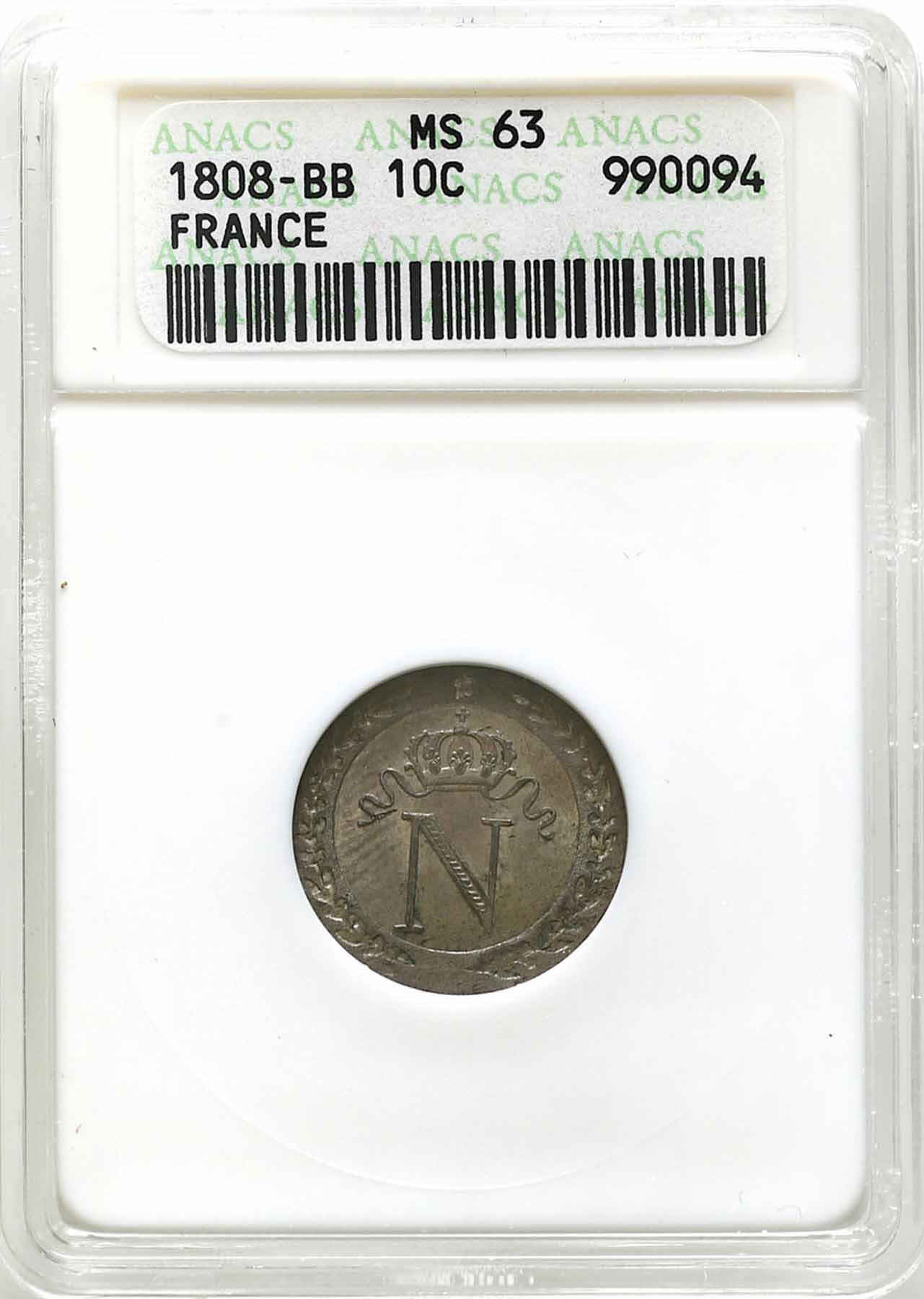 Francja, Napoleon Bonaparte (1804–1815). 10 centimes 1808 BB, Strasburg ANACS MS63
