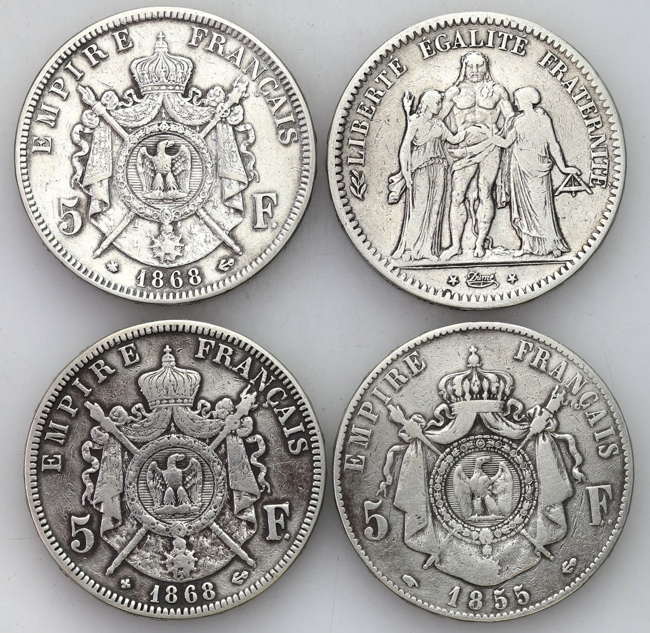 Francja. 5 franków 1848, 1855, 2 x 1868, zestaw 4 monet