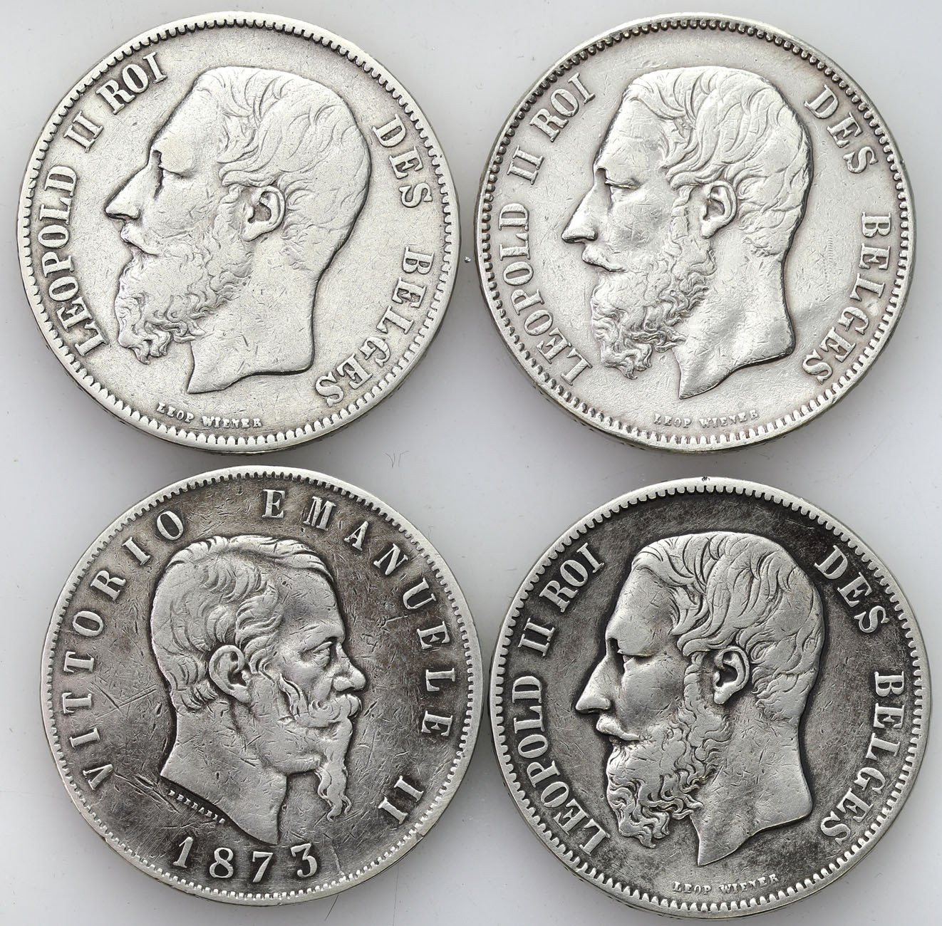 Francja, Belgia. 5 franków 1869, 1870, 2 x 1873, zestaw 4 monet