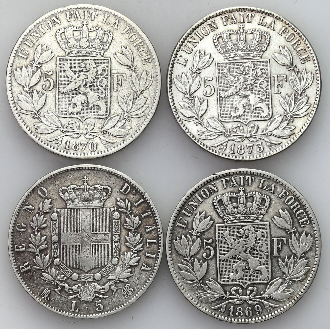Francja, Belgia. 5 franków 1869, 1870, 2 x 1873, zestaw 4 monet