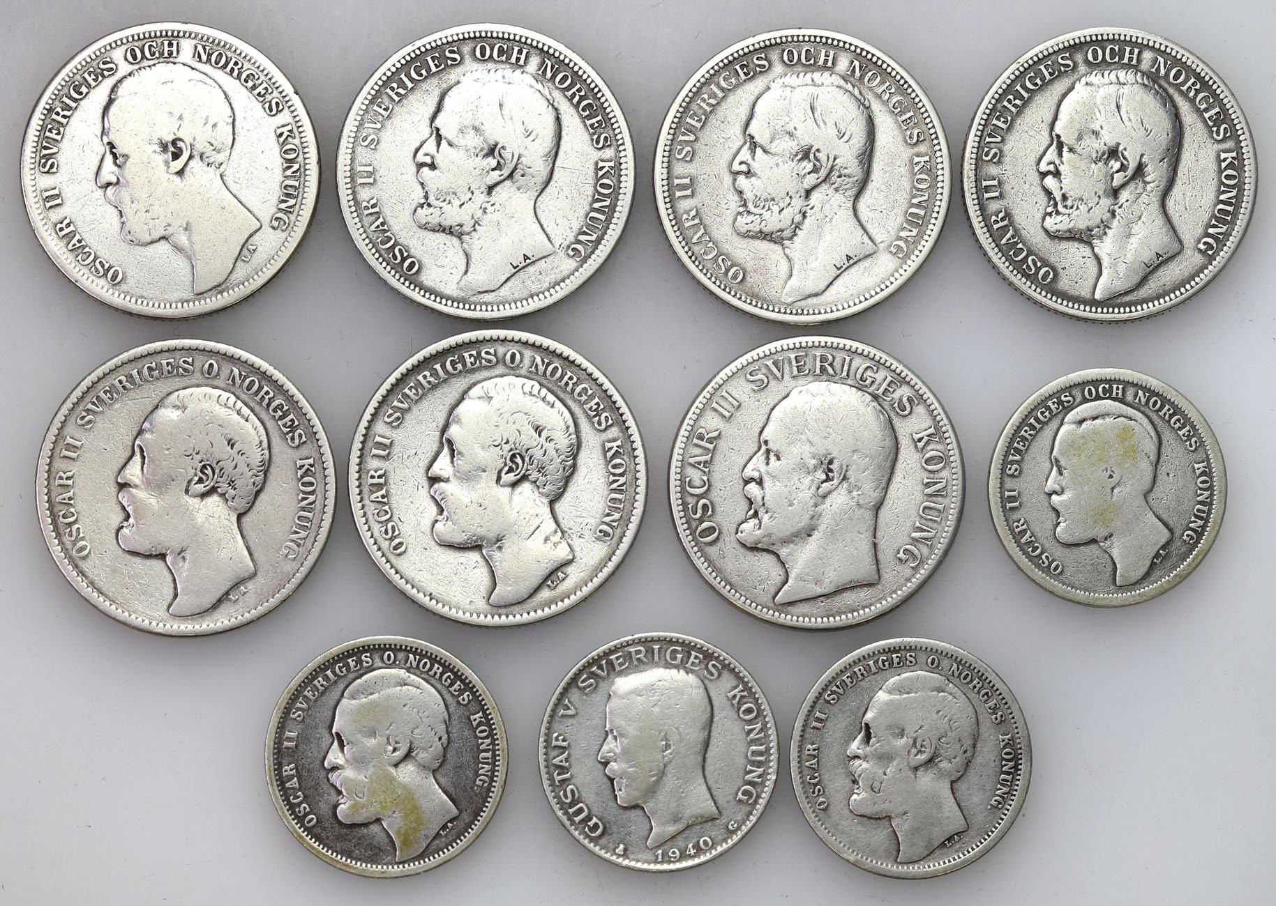 Szwecja. 1 – 2 korony 1875 – 1940, zestaw 11 monet 