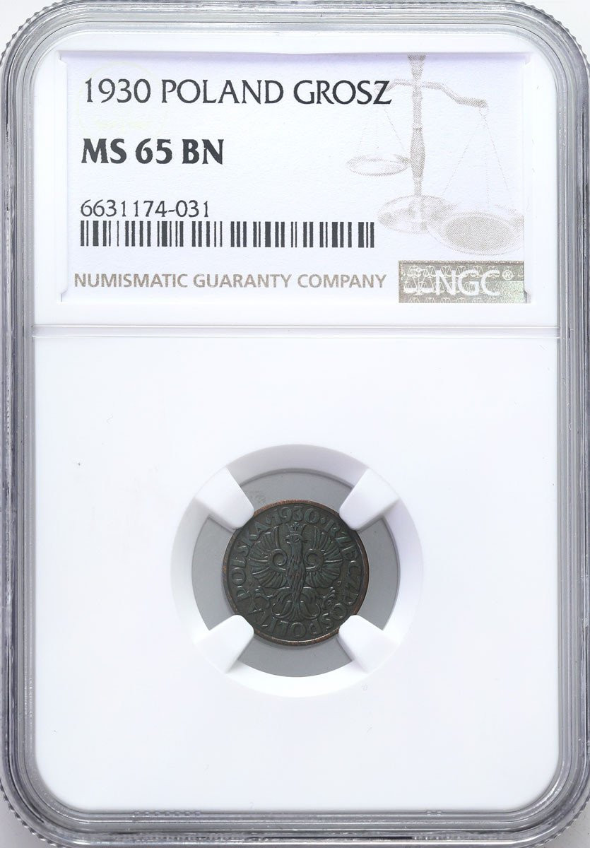 II RP. 1 grosz 1930 NGC MS65 BN (2 MAX) - NAJRZADSZY ROCZNIK