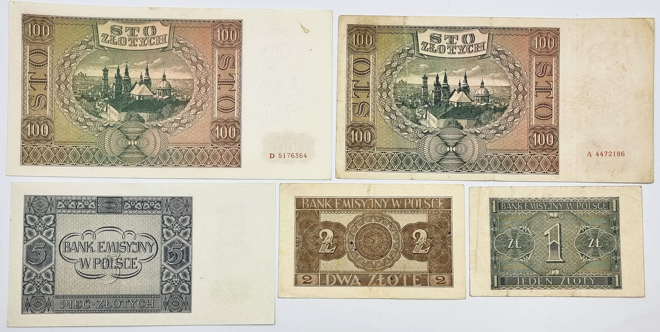1 do 100 złotych 1941, zestaw 5 sztuk