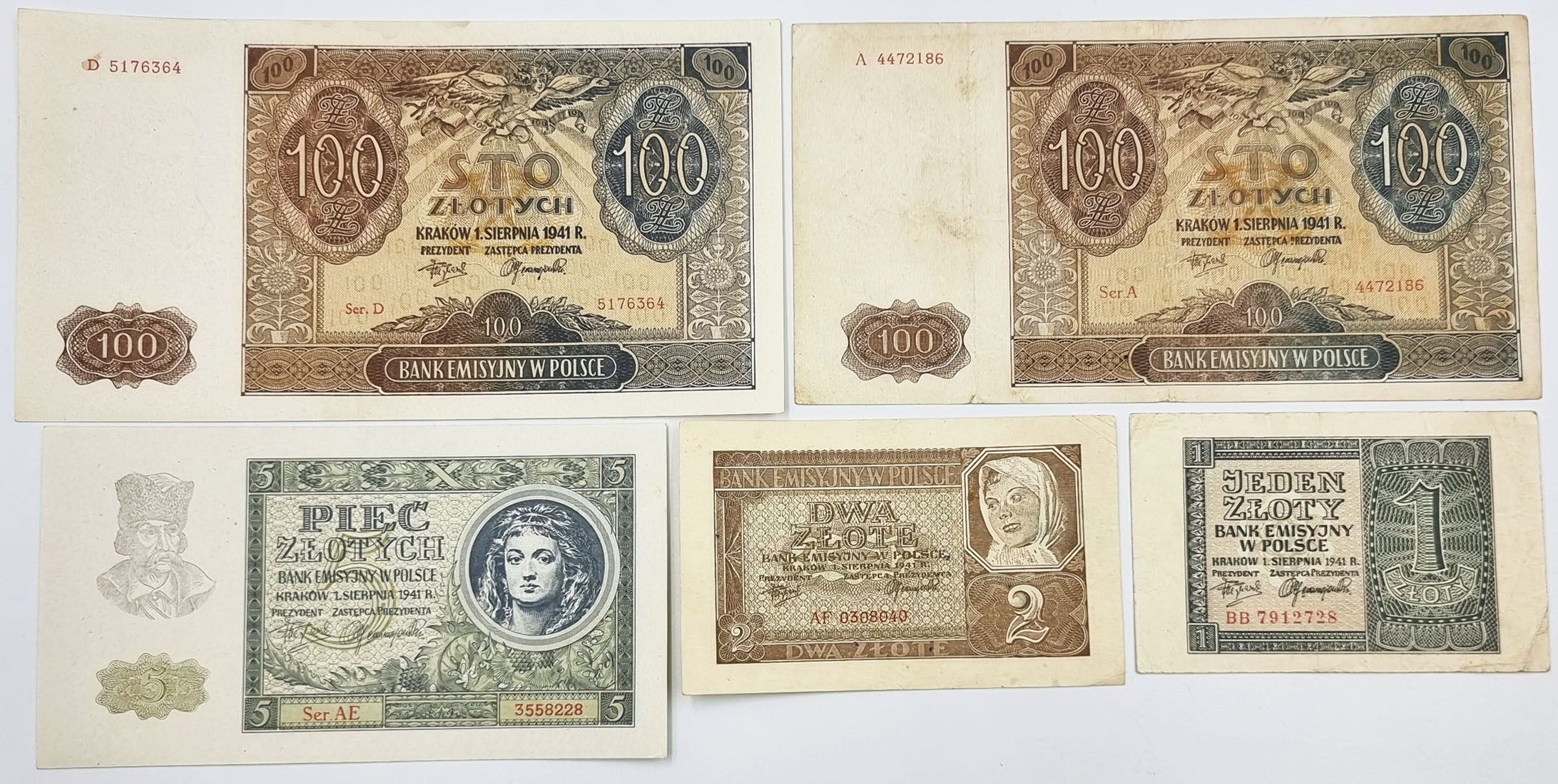 1 do 100 złotych 1941, zestaw 5 sztuk