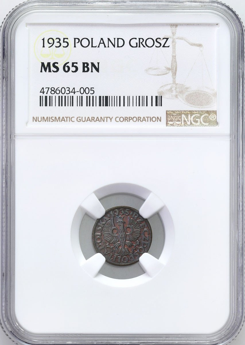 II RP 1 grosz 1935 NGC MS65 BN - PIĘKNY