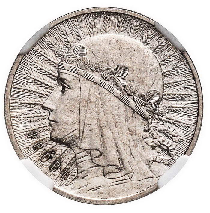 II RP. 1 złoty 1932, głowa kobiety, PRÓBA, srebro, NGC MS64