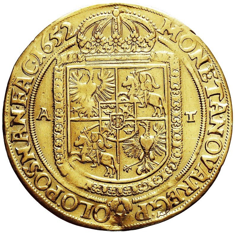 Jan II Kazimierz. Półportugał koronny 1652, Poznań odbitka talara w złocie wagi 5 dukatów