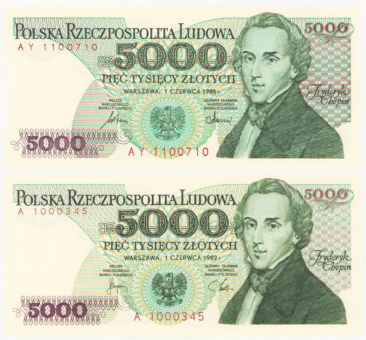 5.000 złotych 1982 seria A i 5.000 złotych 1986 seria AY