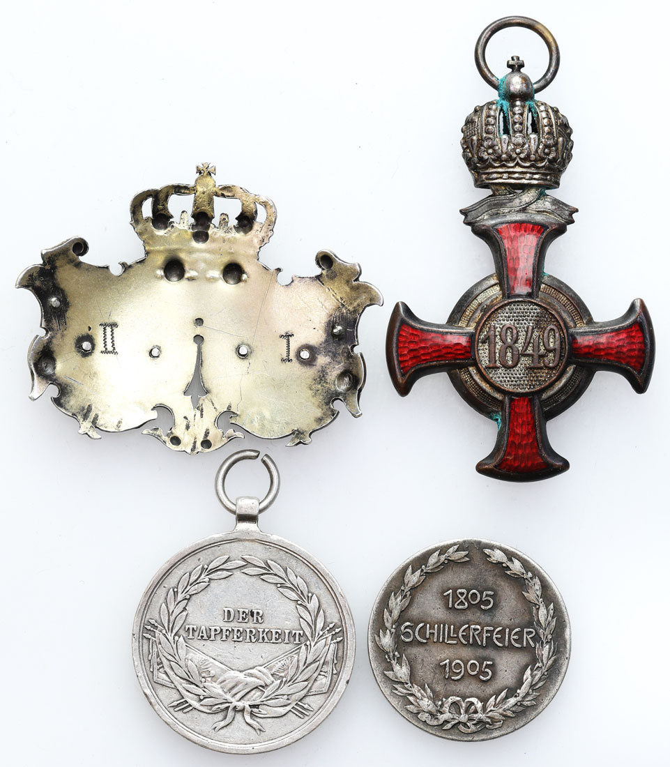 Austria - medal za dzielność (Tapferkeit) i Niemcy - medal 1905 - 100 rocznica śmierci Schillera, srebrny Krzyż Zasługi 1849, 4 szt.