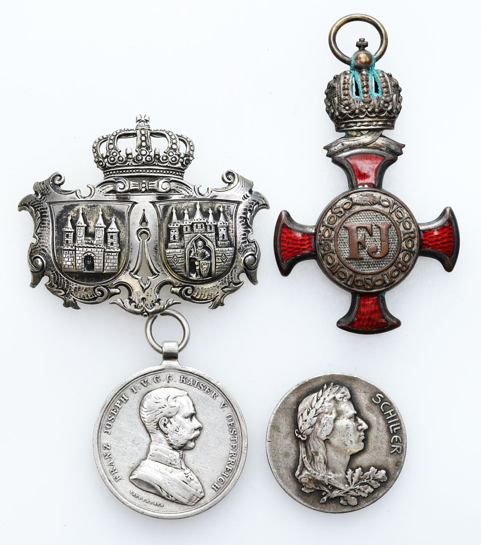 Austria - medal za dzielność (Tapferkeit) i Niemcy - medal 1905 - 100 rocznica śmierci Schillera, srebrny Krzyż Zasługi 1849, 4 szt.