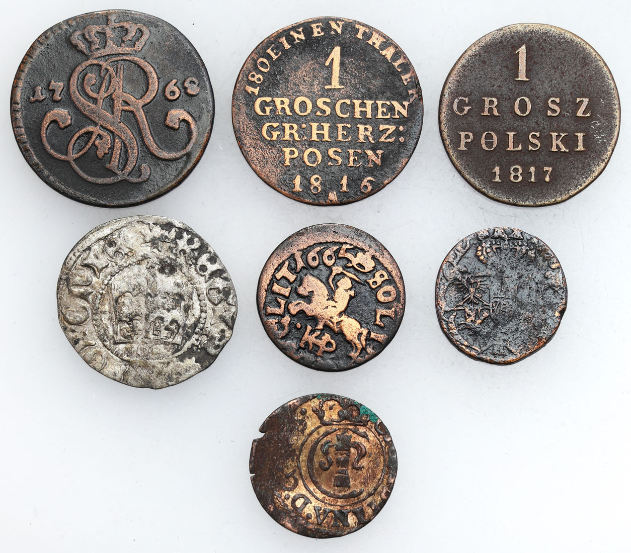 Polska XV-XVIII wiek. Szeląg, grosz, półgrosz, zestaw 7 monet