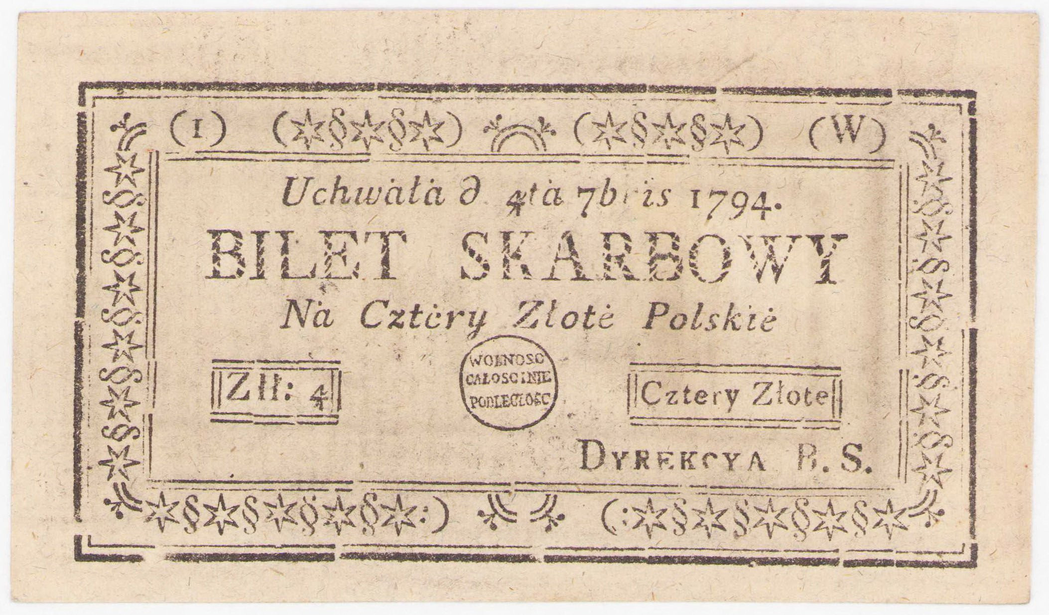 Insurekcja Kościuszkowska. 4 złote polskie 1794 seria 1-W