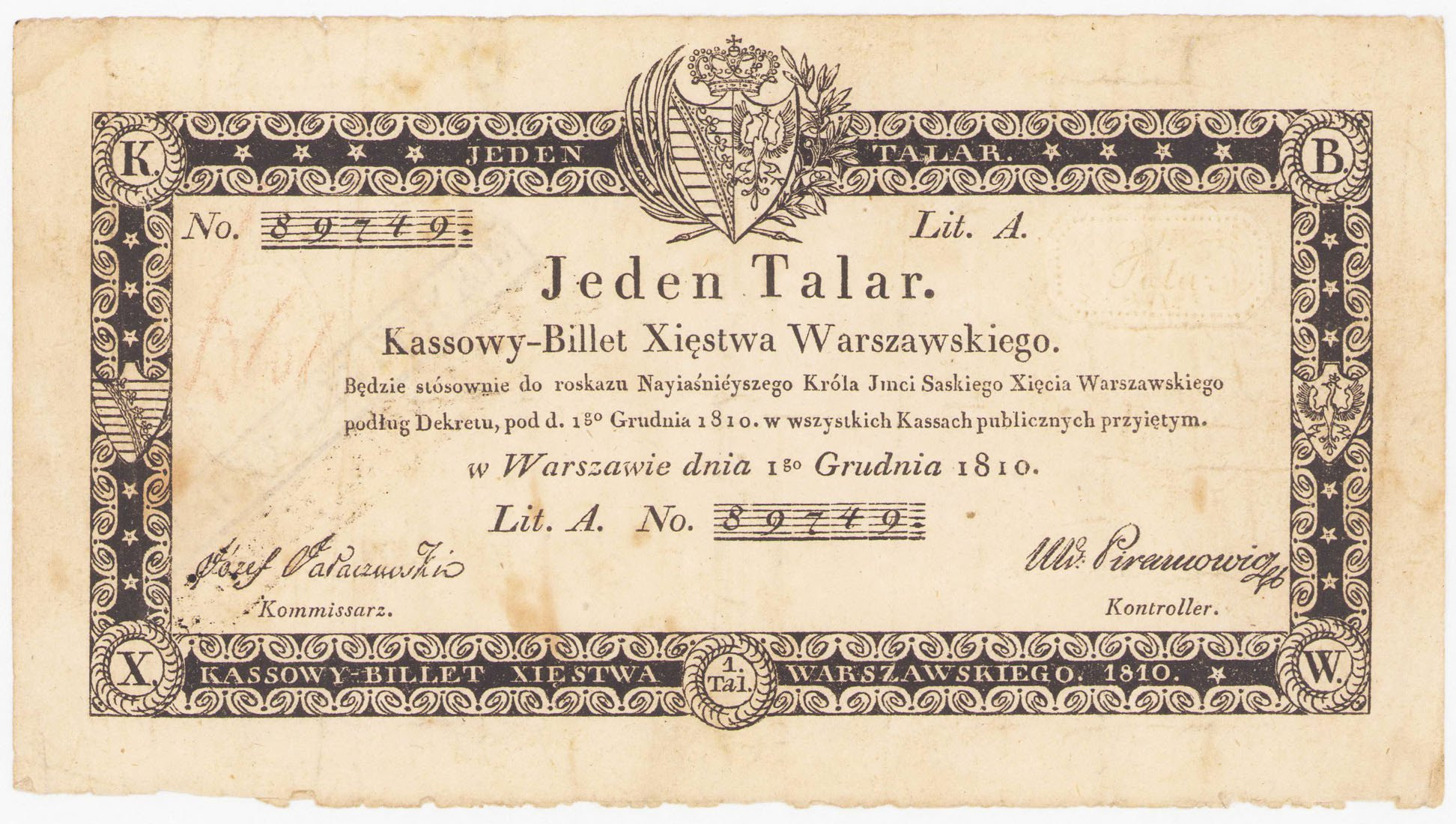 Księstwo Warszawskie 1 Talar 1810 seria A – Jarczewski, Pirowicz