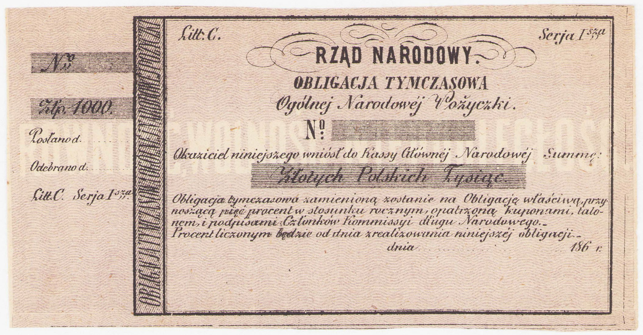 Powstanie Styczniowe. 1863 obligacja 1.000 złotych, lit. C