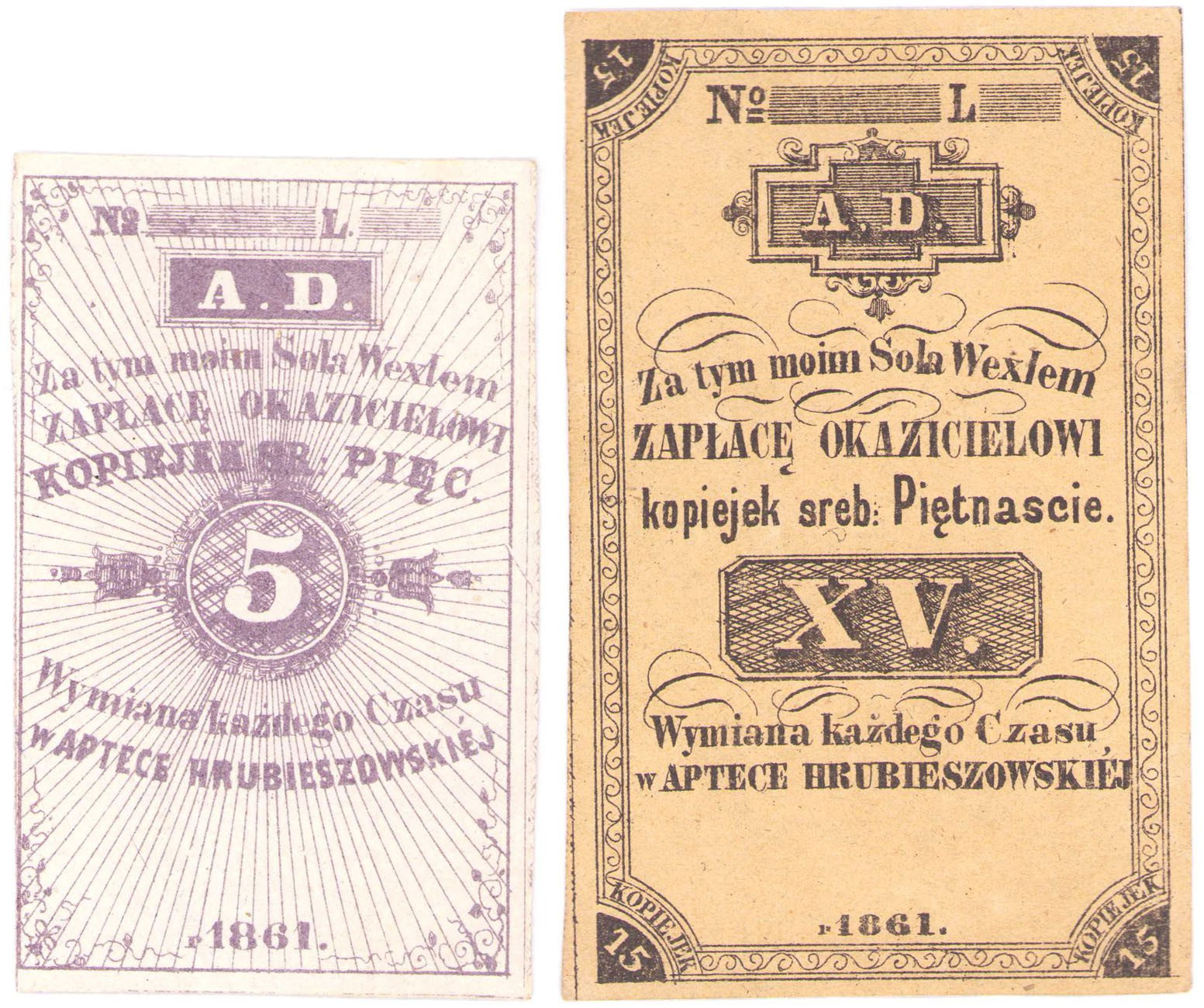 Hrubieszów Apteka, Zestaw 5 i 15 kopiejek srebrem 1861