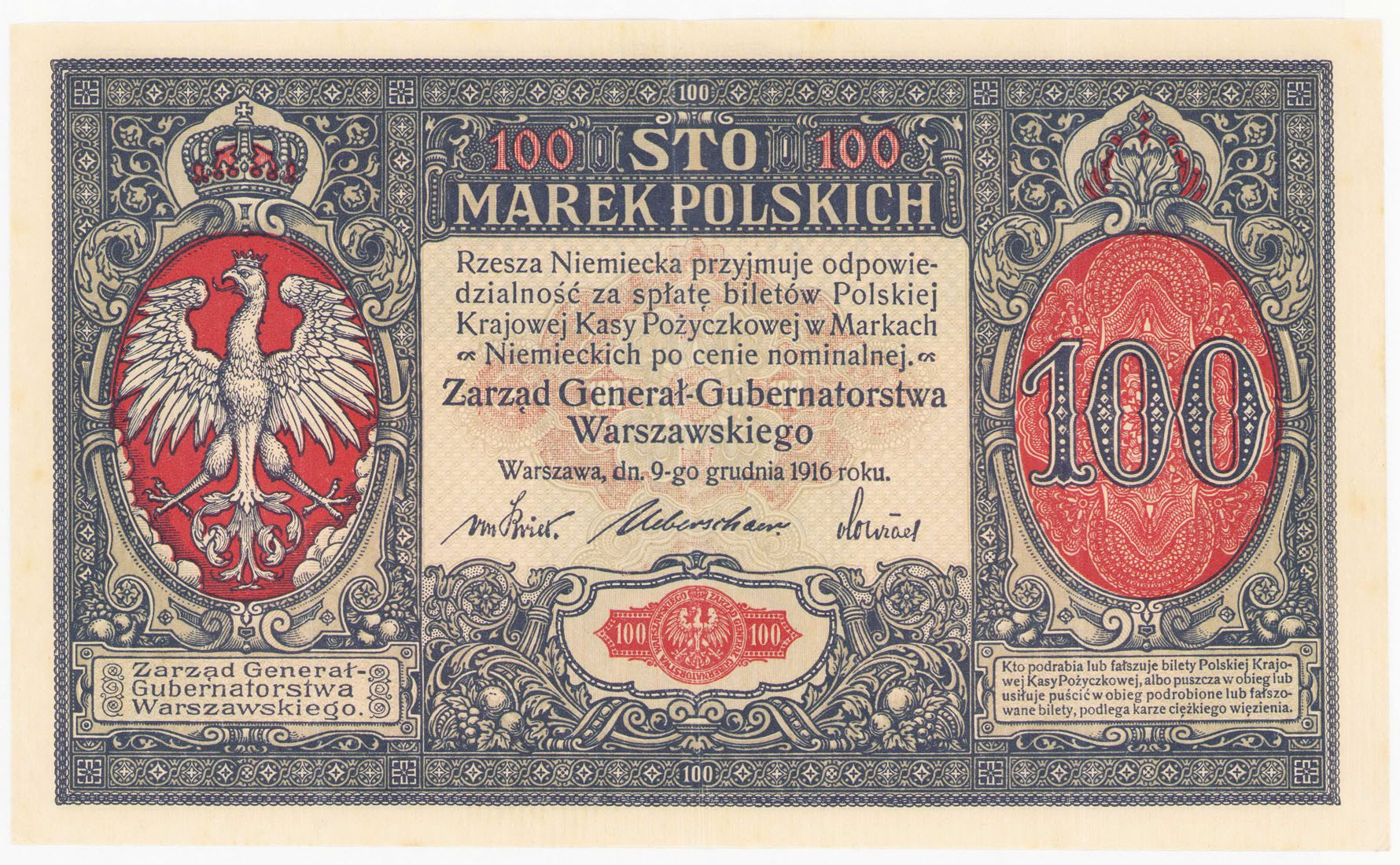 100 marek polskich 1916 seria A, Generał - RZADKOŚĆ R4