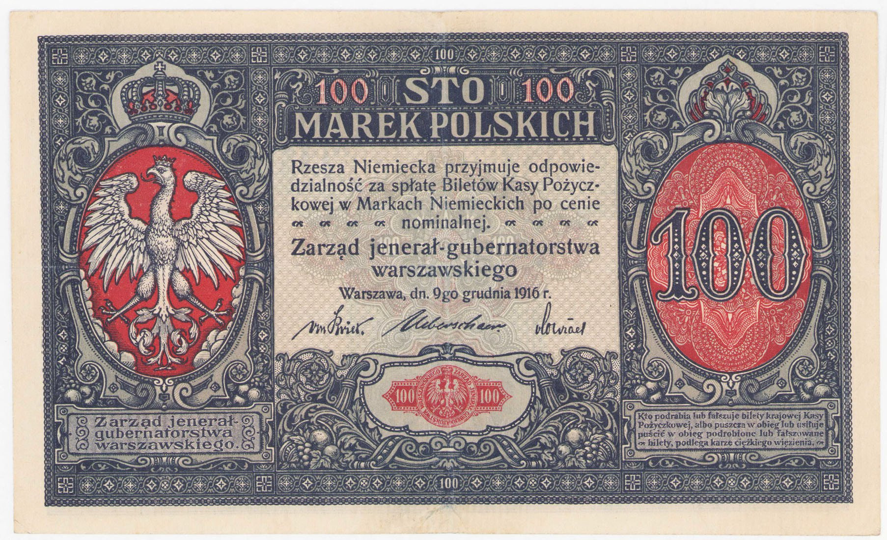 100 marek polskich 1916 seria A, jenerał - RZADKOŚĆ R5