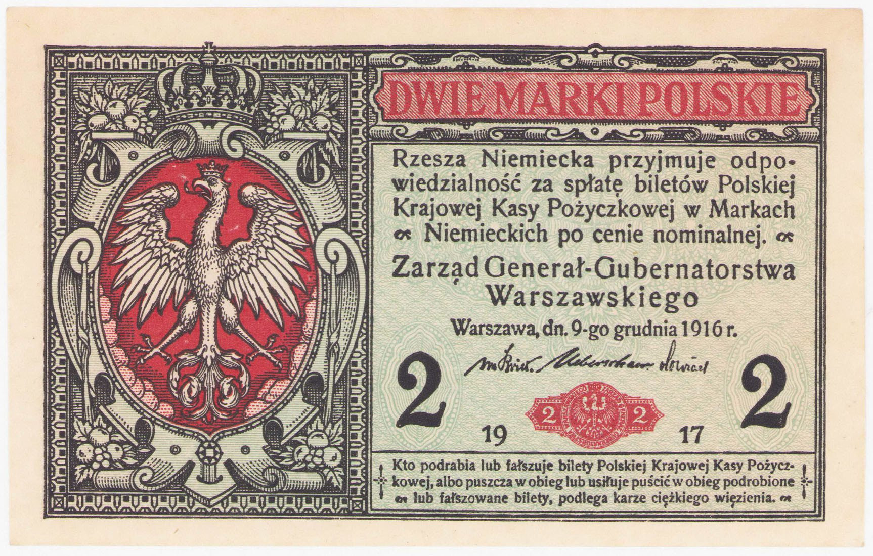 2 marki polskie 1916 seria B, Generał, - PIĘKNE