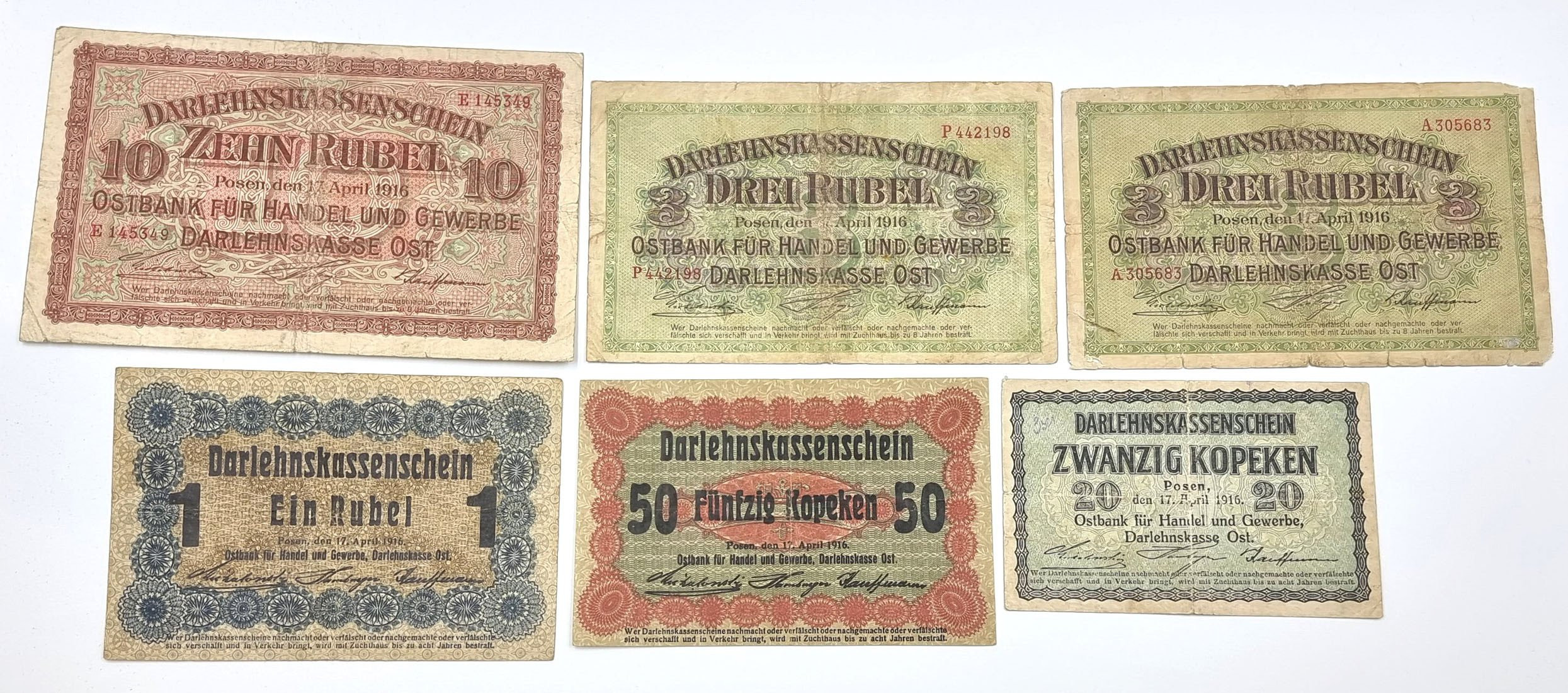 20 kopiejek do 10 rubli 1916, Poznań, zestaw 6 banknotów