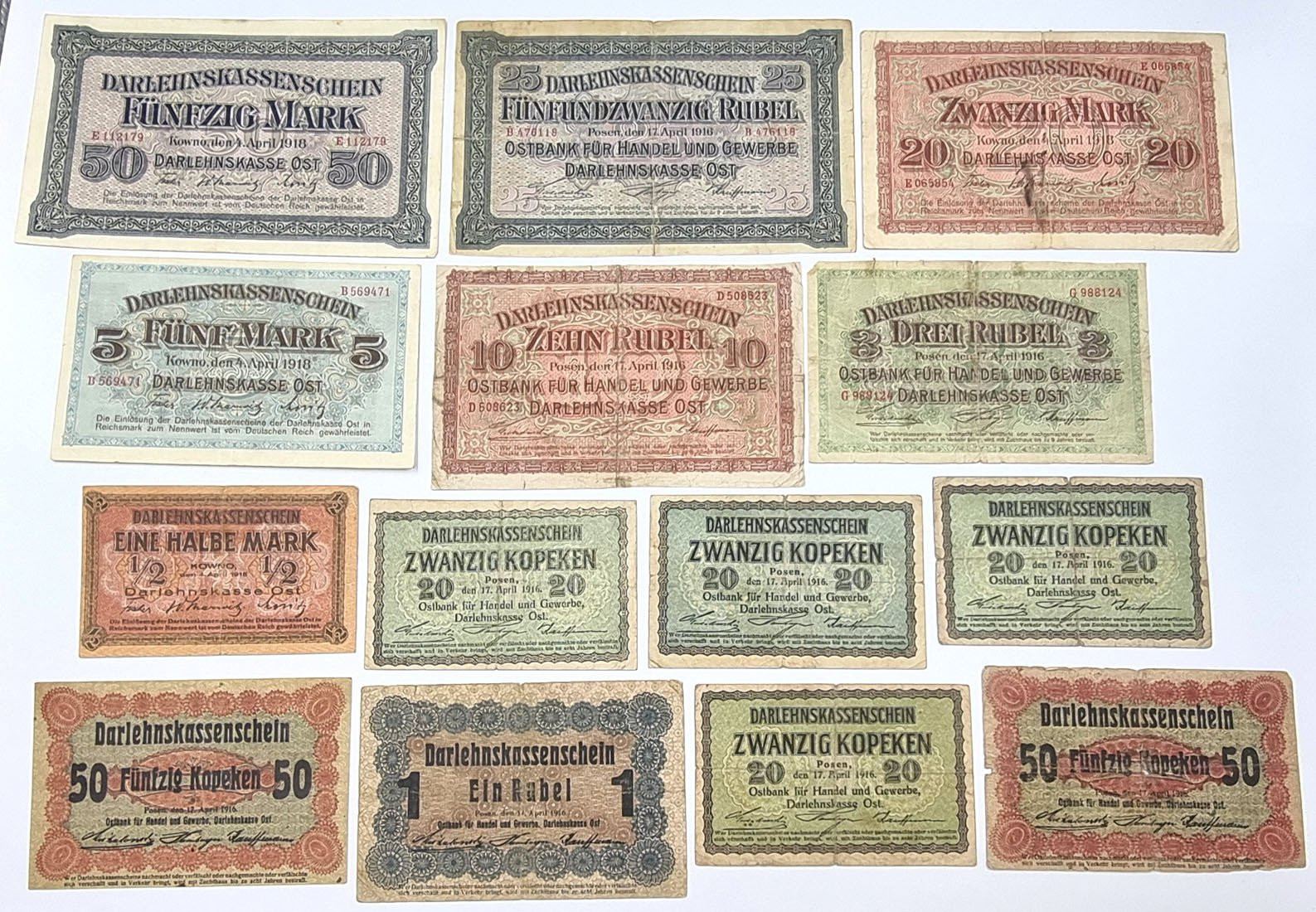Polska OST. Kopiejki, ruble, marki, Kowno, Poznań, 1916, 1918 zestaw 14 banknotów