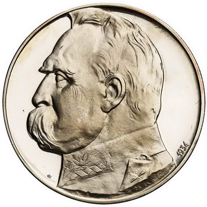 II RP. 10 złotych 1934, Piłsudski, orzeł strzelecki, PRÓBA, srebro stempel lustrzany z kolekcji W. Głuchowskiego