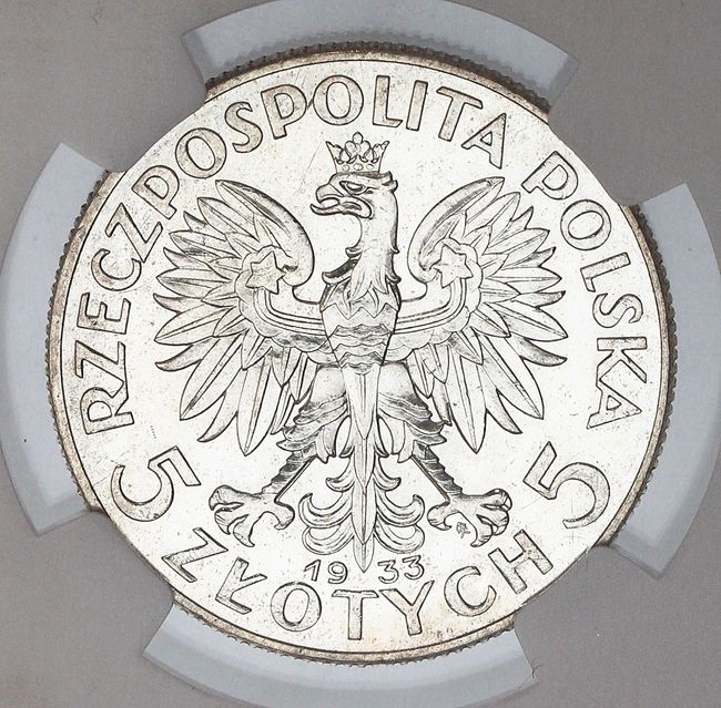 II RP. 5 złotych 1933, głowa kobiety, PRÓBA?, srebro, stempel lustrzany