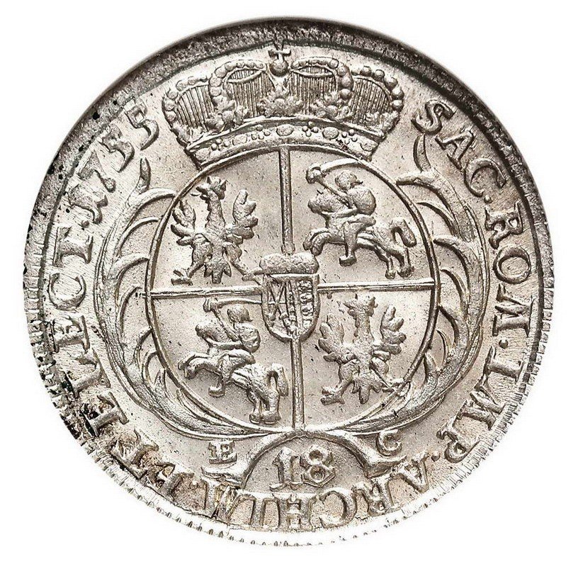 August III Sas. Ort, 18 groszy 1755 EC, Lipsk