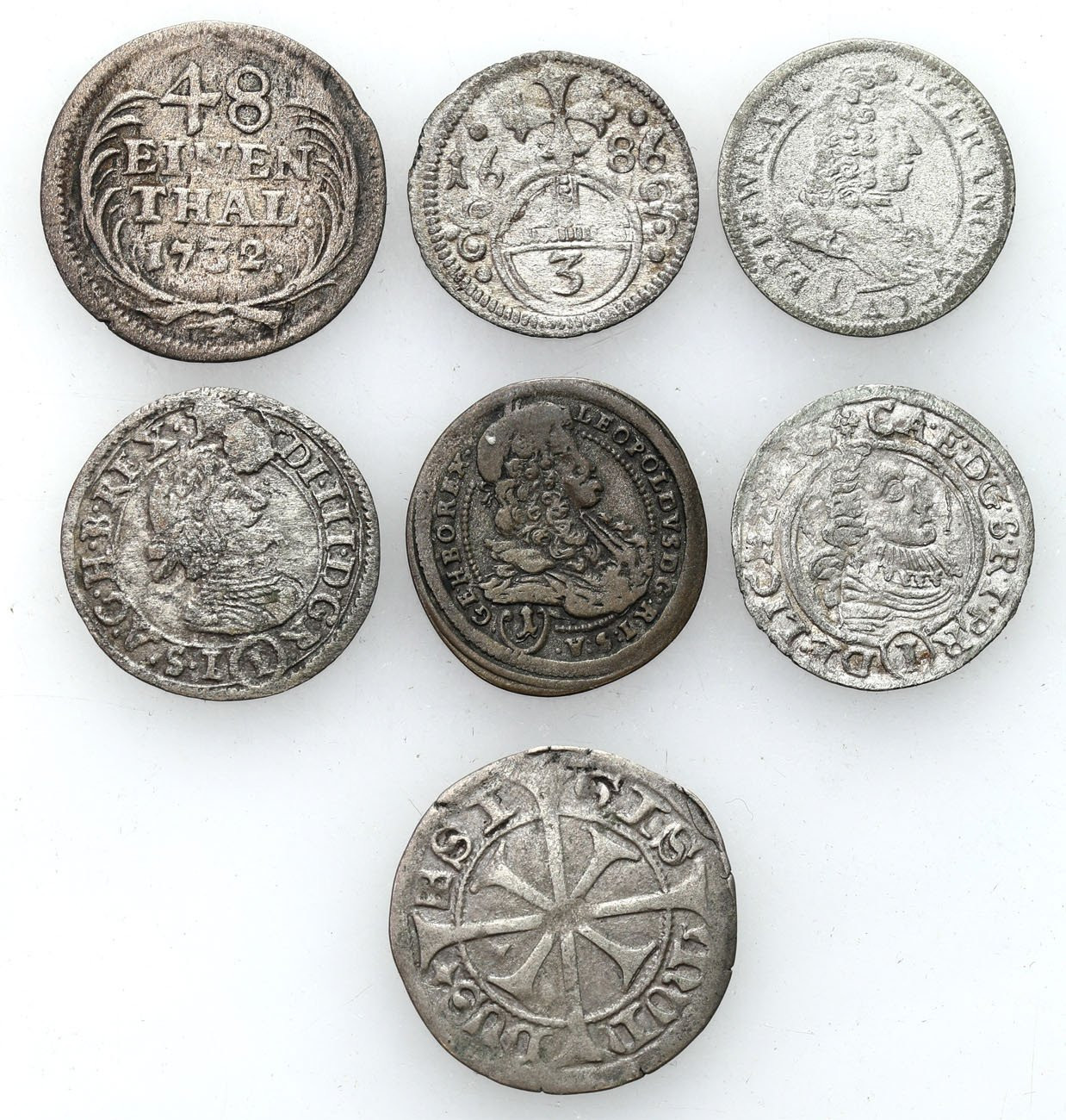 Europa, XVII-XVIII wiek. Krajcar, 1/48 talara, 3 greszele, zestaw 7 monet.