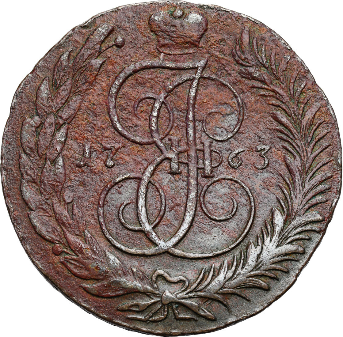 Rosja, Katarzyna II. 5 kopiejek 1763 СМ, Sestrorieck - RZADKIE