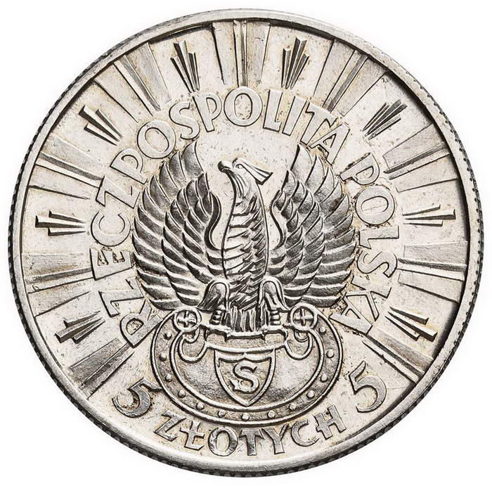 II RP. 5 złotych 1934, Piłsudski, orzeł strzelecki, PRÓBA, srebro, stempel lustrzany, UNIKAT z kolekcji W. Głuchowskiego