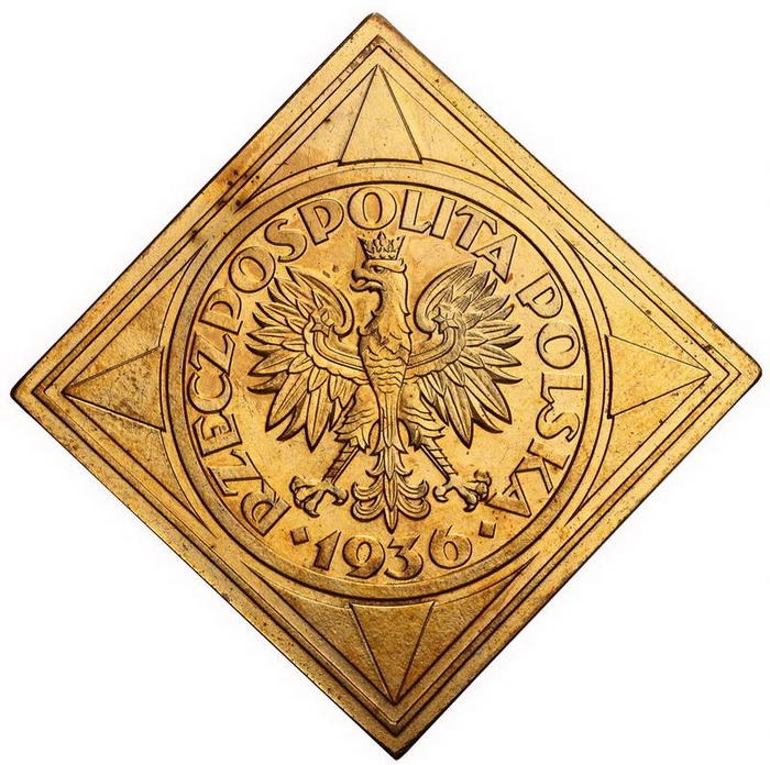 II RP. 5 złotych 1936, żaglowiec, klipa, PRÓBA, brąz z kolekcji W. Głuchowskiego