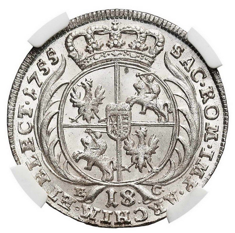 August III Sas. Ort, 18 groszy 1755 EC, Lipsk