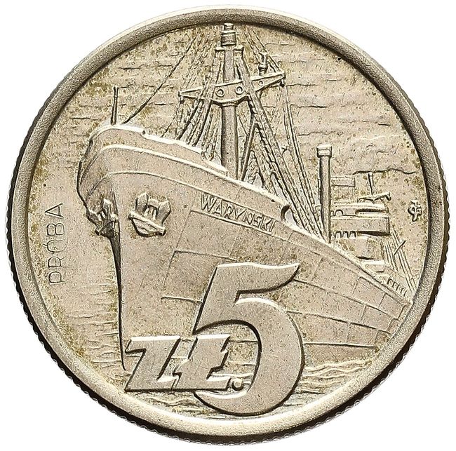 Polska po 1945. 5 złotych 1958, statek, PRÓBA, miedzionikiel